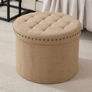 Ornavo Home Decor Large 20" Round Collapsible Storage Ottoman with Nailhead Trim for Living Room and Bedroom - 1 of 4