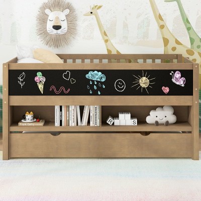 PAGED Twin Size Low Loft Bed Modern Pine Bed Frame with 2 Movable Storage Shelves and Blackboard for Bedroom