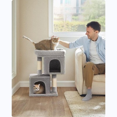 Light Gray Sisal and Plush Cat Tree with Perch and Caves