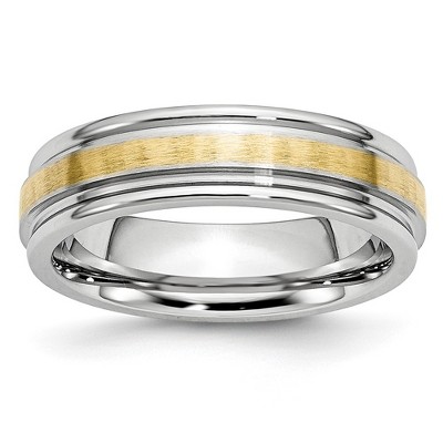 Black Bow Jewelry 6mm Cobalt & 14K Gold Inlay Satin & Polished Grooved Ridged Band