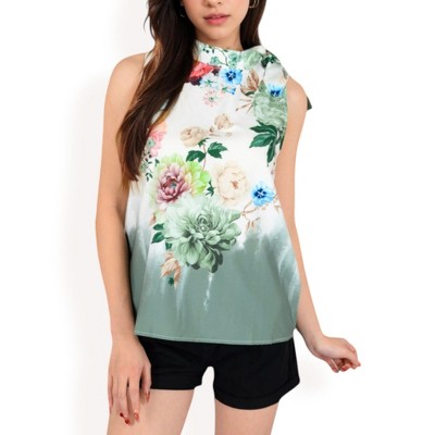 Anna-Kaci Women's Floral Print High Neck Blouse with Side Bow Tie Detail