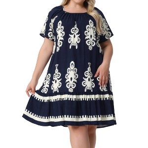 Agnes Orinda Women's Plus Size Square Neck Short Sleeve Flowy A Line Midi Summer Boho Dresses - 1 of 4