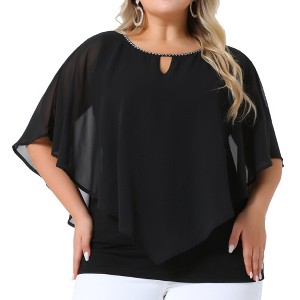 Agnes Orinda Women's Plus Size Neck Detail Keyhole Double-Layered Chiffon Lightweight Flowy Tops - 1 of 4