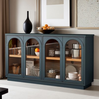 Storage Cabinet with 4 Door Glass Doors, Arched Cabinet with Adjustable Shelves for Living Room - Leovsnove