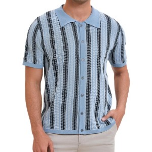 INSPIRE CHIC Men's Striped Knitted Summer Short Sleeves Button Down Jacquard Polo Shirts - 1 of 4
