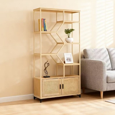 Homy Casa Geometric Bookshelf with Cabinets and Adjustable Shelves, Natural Wood Finish