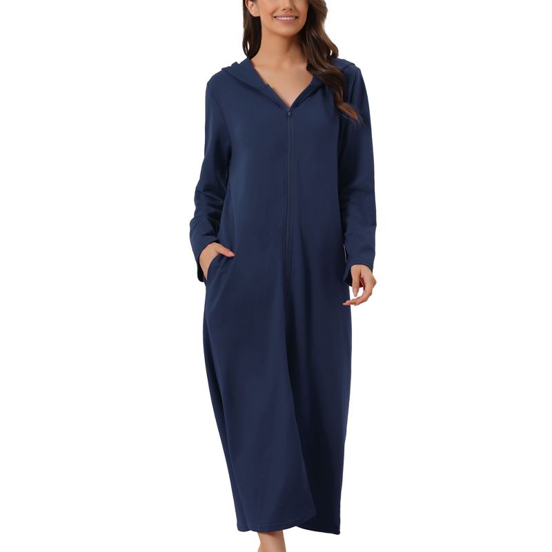 cheibear Women's Zip Front Hooded House Dress Nightshirt Housecoat Hoodie Long Bathrobe, 1 of 6