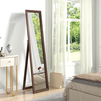 Freestanding Full Length Brown Pine Wood Rectangular Mirror
