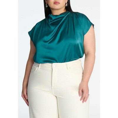 ELOQUII Women's Plus Size Pleat Detail Satin Shirt - 26, Dark Aquamarine