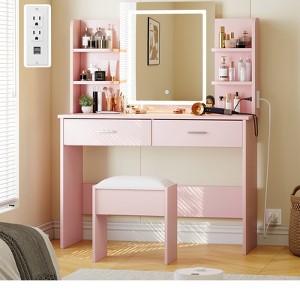 Vanity Desk with Mirror, Stool and Lights 3 Colors, Makeup Table with 2 Drawers, 6 Shelves, Power Outlet for Bedroom, 41.3*15.7*55.9in - 1 of 4