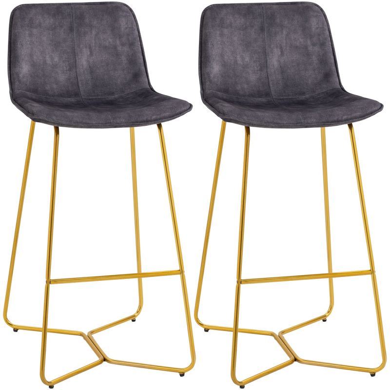 HOMCOM Tall Bar Stools, Velvet-Touch Fabric Bar Chairs, 30.25" Bar Height Stools with Gold-Tone Metal Legs for Dining Area, Home Bar, Set of 2, 1 of 7