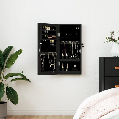 Aghana Digitals Wall-Mounted Black Matte Engineered Wood Jewelry Cabinet with Large Mirror, Compact