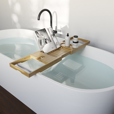 Natural Acacia Wood Extendable Bathtub Tray with Wine Holder