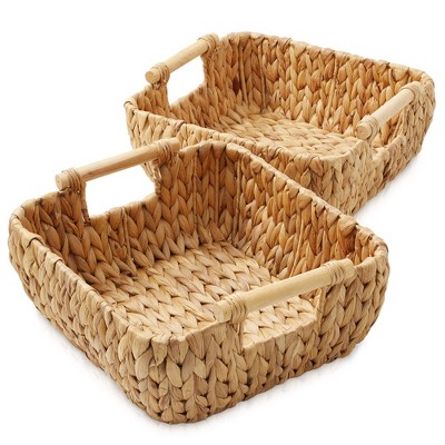 Small Oval Water Hyacinth Storage Baskets with Wooden Handles