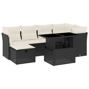 vidaXL 7 Piece Patio Sofa Set with Cushions Black and Cream Poly Rattan - Without Storage - 1 of 4