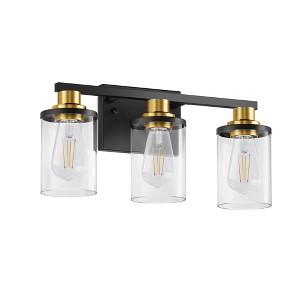 DORESshop 17 in. 3-Light Black and Gold Vanity Light with Clear Cylinder Glass Shades and Square Backplate - 1 of 4