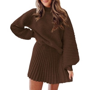 Imily Bela Womens Mock Neck Ribbed Sweaters Mini Skirt Fall Winter 2 Piece Skirt Sets Two Piece Outfits - 1 of 4