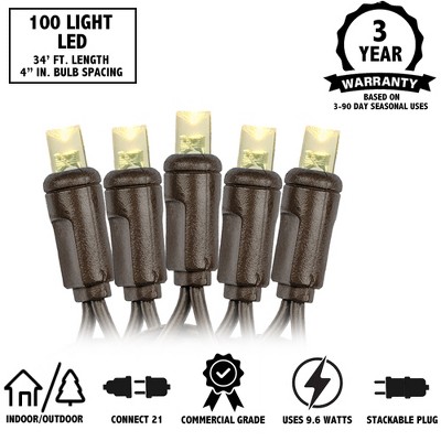 Warm White LED Christmas Tree Lights with Brown Wire, 34 Feet