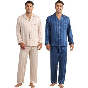 INSPIRE CHIC Men's 2 Pack Satin Pajamas Set Casual Long Sleeve Striped Button Sleepwear - 1 of 4
