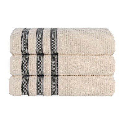 Zero Twist Cotton Ribbed Modern Geometric Border Bath Towel Set of 3 by Blue Nile Mills