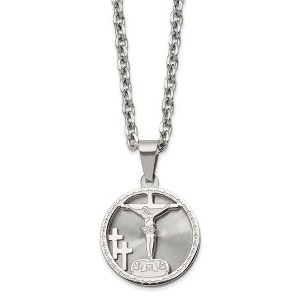 Black Bow Jewelry Stainless Steel 26mm Round Laser Cut Crucifix Necklace, 24 Inch - 1 of 4