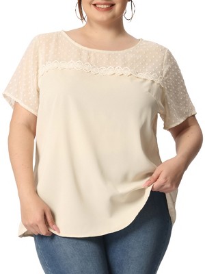 Agnes Orinda Women's Plus Size Contrast Panel Dots Lace Summer Short Sleeve Blouses