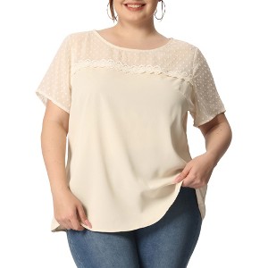 Agnes Orinda Women's Plus Size Contrast Panel Dots Lace Summer Short Sleeve Blouses - 1 of 4