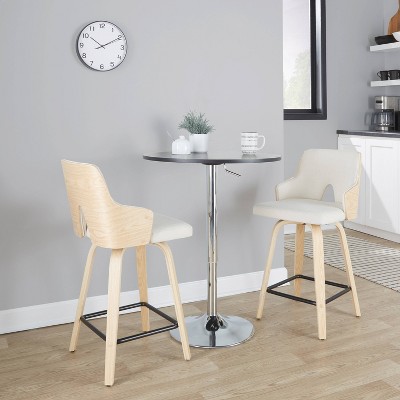 Cream Fabric and Natural Wood Swivel Counter Stools, Set of 2