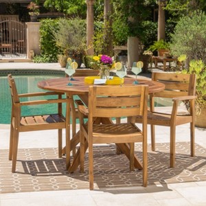 Stamford 5pc Acacia Wood Round Dining Set Teak: Weather-Resistant, 4 Chairs - Christopher Knight Home - 1 of 4