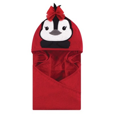Hudson Baby Infant Girl Cotton Animal Face Hooded Towel, Red Penguin, One Size