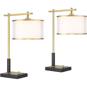 Possini Euro Design Hayven 23 1/2" High Small Mid Century Modern Desk Lamps Set of 2 Dual USB Ports Black Gold Metal Home Office Living Room Charging - 1 of 4