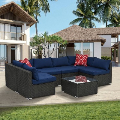 Patti 7-piece PE Rattan Patio Conversation Set, Outdoor Sectional Sofa with Cushions and Glass Top Coffee Table - Maison Boucle