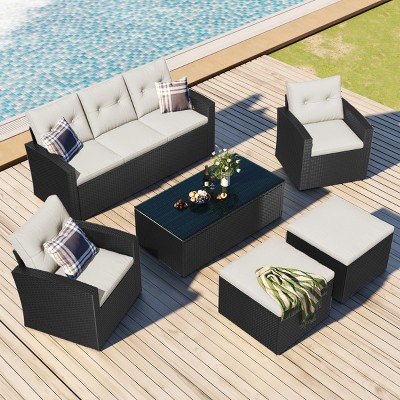 6-Piece All-Weather Wicker Patio Conversation Set,PE Rattan Outdoor Patio Sofa Sectional with Ottomans,Coffee Table,Removable Cushions-Maison Boucle