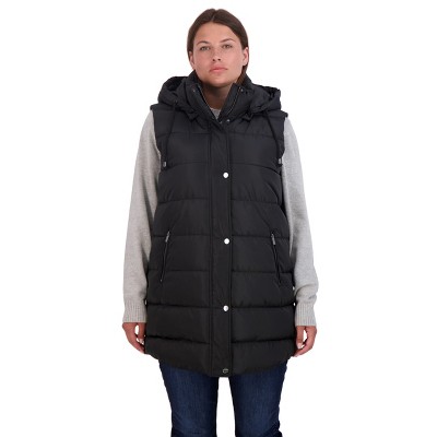 Women's Long Puffer Vest with Hood - S.E.B. By SEBBY