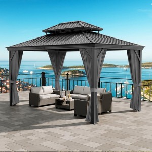 Hardtop Gazebo, Heavy Duty Aluminum Permanent Hardtop Gazebo Outdoor Pavilion with Curtains and Netting for Garden - 1 of 4