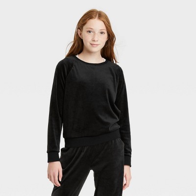 Girls' Cozy Velour Crewneck Sweatshirt - art class™ Black XS