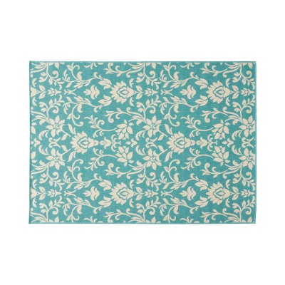 GDFStudio Sabina Foam Outdoor 5'3" x 7' Botanical Area Rug, Blue/Ivory