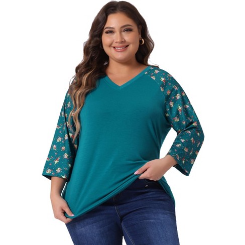 Agnes Orinda Women's Plus Size V Neck 3/4 Sleeve Raglan Floral Print Peasant Tops - image 1 of 4