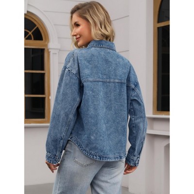 INSPIRE CHIC Women's Denim Long Sleeve Button Down Casual Western Shacket with Pockets Jean Jackets Gray Blue Medium — фото 4