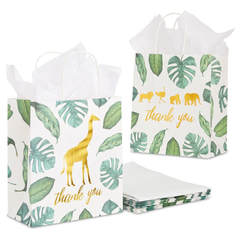 Juvale 12 Pack Safari Party Thank You Bags with Tissue Paper, Wild One Birthday Decorations for Girls and Boys, 8 x 9 x 4 in, 1 of 9