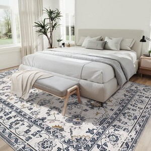 Thin Vintage Floral Area Rug, Lightweight and Large Rectangle, Machine Washable, Anti-Slip, Stain Resistant,Gray for Living Room or Bedroom - 1 of 4