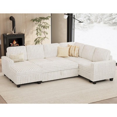 Belffin Corduroy Sleeper Sofa Bed with Storage Chaise Modular Sectional Sofa Couch with Pull Out Bed L Shaped Sectional Couches for Living Room