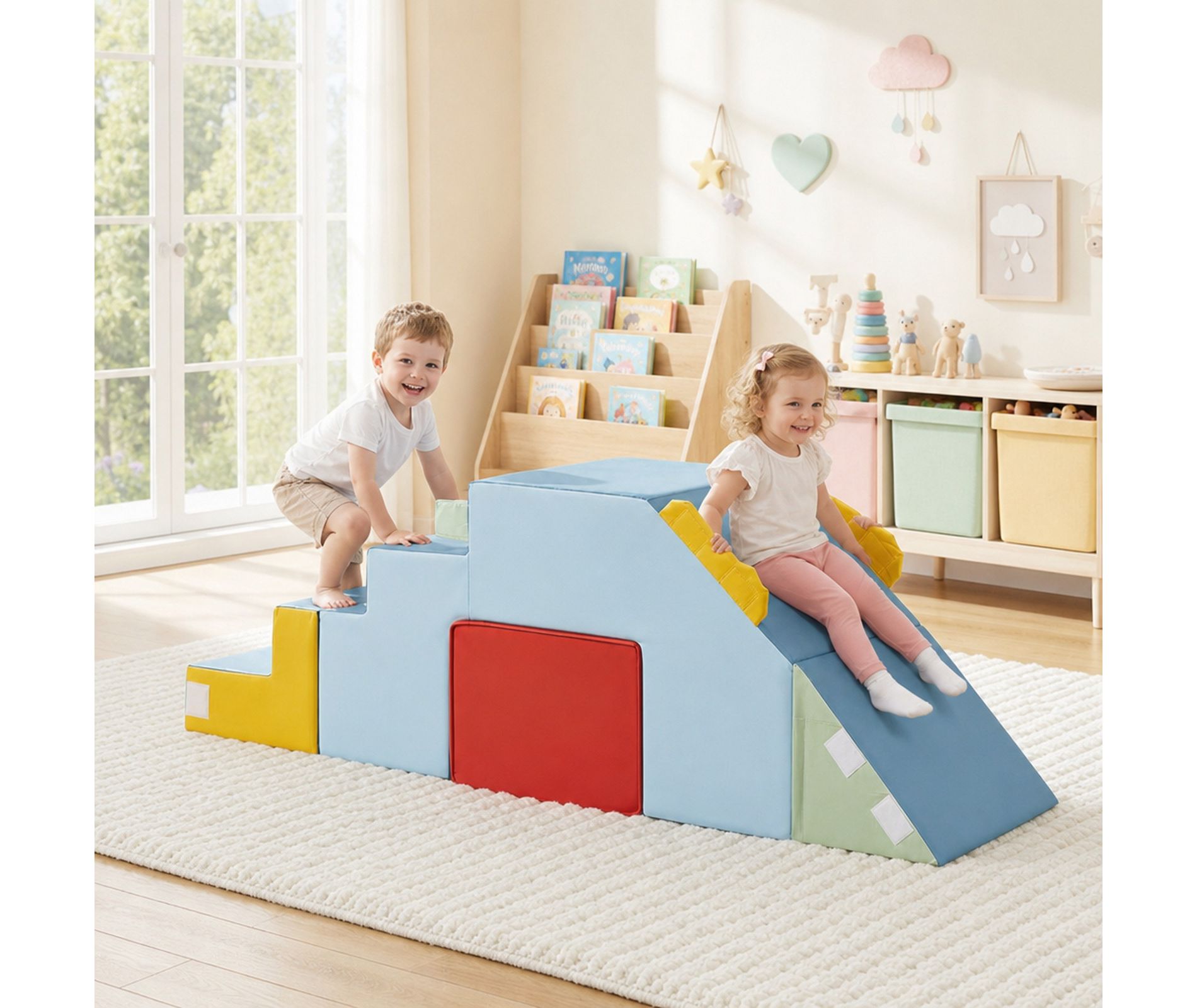 Toddler Foam Climbing Blocks Set with Convertible Crawl Tunnel Slide and Table Chair, Blue, Ages 12+ Months
