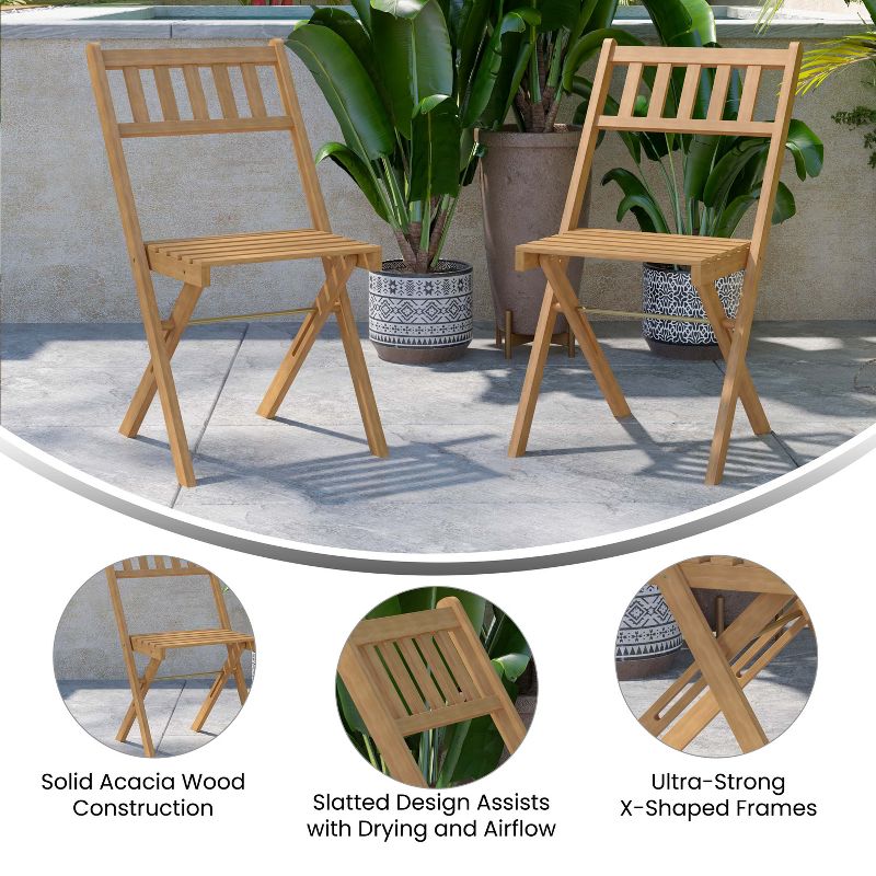 Merrick Lane Set of 2 Solid Acacia Wood Armless Folding Patio Bistro Chairs with Slatted Backs and Seats in Natural Finish, 6 of 9