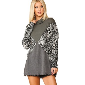 Slickblue Women's Mixed Animal Print Turtleneck Top, Knit Long Sleeve Shirt, Versatile Style, Brown, S - 1 of 4