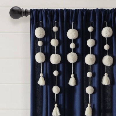 Navy Faux Linen Rod Pocket Sheer Curtain Panel with Tassels