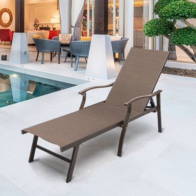 Elegant Brown Aluminum Adjustable Outdoor Chaise Lounge with Curved Armrests