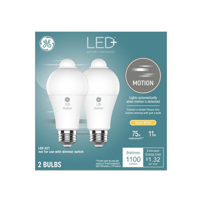 GE 2pk 11 Watts Warm White Medium Base LED+ Motion Sensor Standard Light Bulbs, 1 of 5