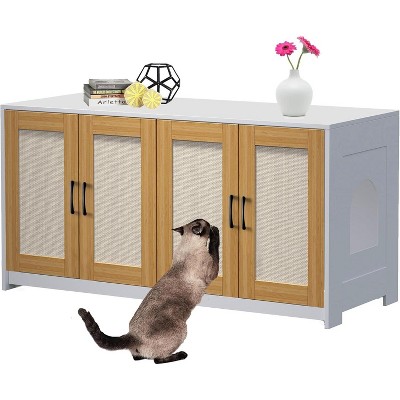 Homhougo Cat Litter Box Enclosure for 2 Litter Boxes, Wooden Cat House TV Stand Sideboard with 4 Sisal Doors, White