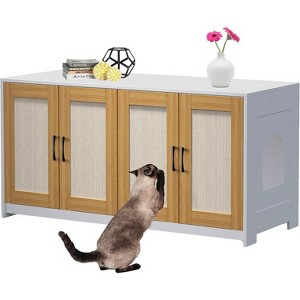 Homhougo Cat Litter Box Enclosure for 2 Litter Boxes, Wooden Cat House TV Stand Sideboard with 4 Sisal Doors, White - 1 of 4